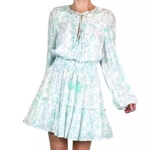 HOUSE OF HARLOW 1960 Mini Dress Ruffle Boho Mint Green Metallic Stripe, L EUC